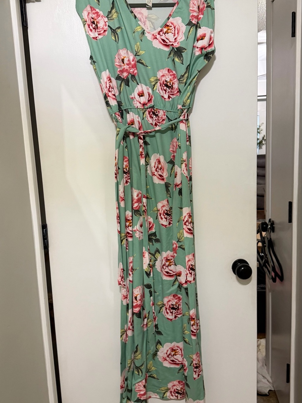 Flamingo Floral V-Neck Maxi Dress in Mint with Pink Roses